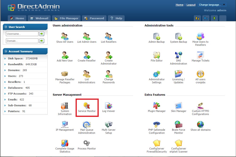 تغییر وضعیت سرویس ها از طریق کنترل‌پنل DirectAdmin - ایران‌سرور